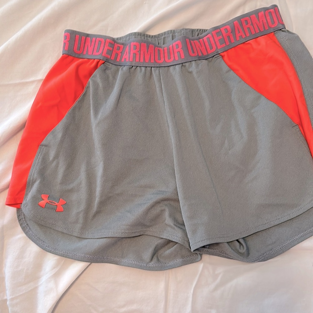 Hot pink and grey Under Armour women’s loose fit shorts, size small, pockets